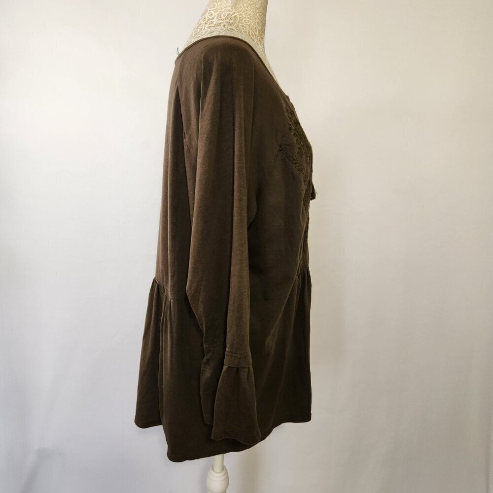 J Jill Women's Size L Pine Green Embroidered Tassel Tie Bell Sleeve Peplum Top - Picture 10 of 16